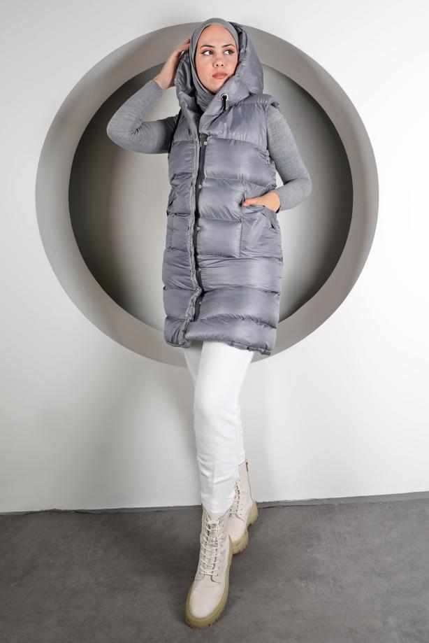 Tesettür giyim GRİ KAPÜŞONLU FERMUARLI ŞİŞME YELEK 5003  - TRENDTESETTÜR