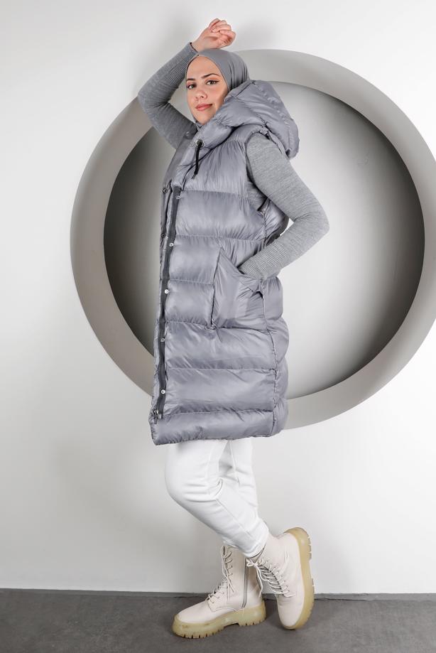 Tesettür giyim GRİ KAPÜŞONLU FERMUARLI ŞİŞME YELEK 5003  - TRENDTESETTÜR