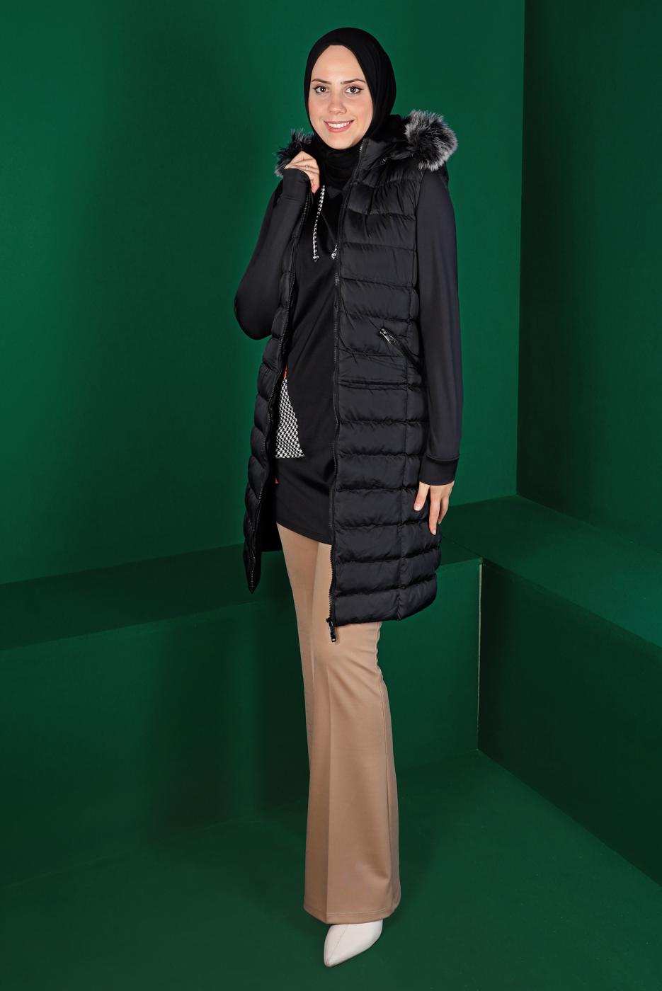 Tesettür giyim SİYAH FERMUARLI CEPLİ ŞİŞME YELEK 6060