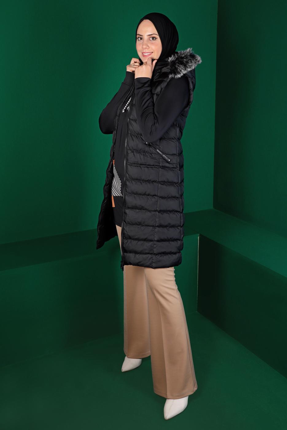 Tesettür giyim SİYAH FERMUARLI CEPLİ ŞİŞME YELEK 6060