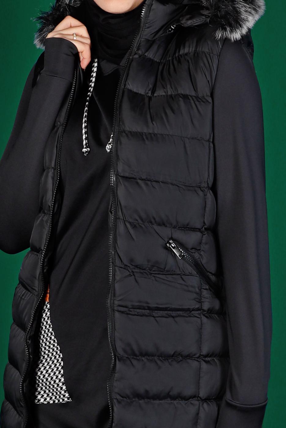 Tesettür giyim SİYAH FERMUARLI CEPLİ ŞİŞME YELEK 6060