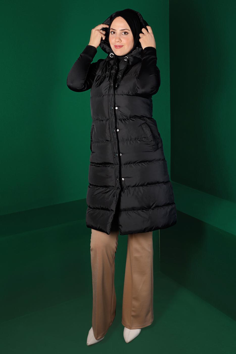 Tesettür giyim SİYAH ÇITÇITLI KAPÜŞONLU ŞİŞME YELEK 7070