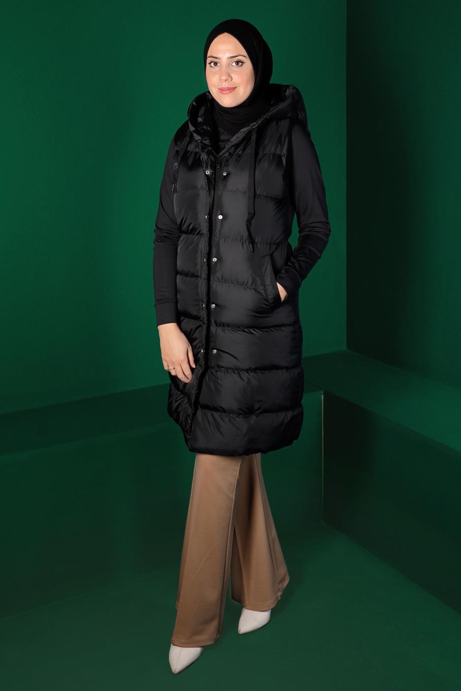 Tesettür giyim SİYAH ÇITÇITLI KAPÜŞONLU ŞİŞME YELEK 7070