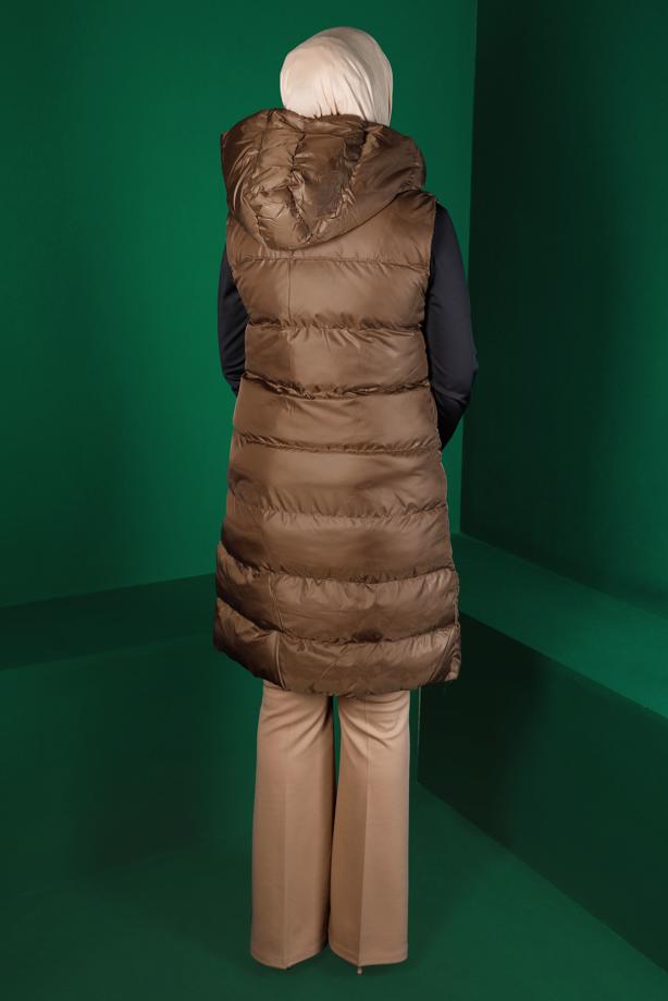 Tesettür giyim TABA ÇITÇITLI KAPÜŞONLU ŞİŞME YELEK 7070 - TRENDTESETTÜR