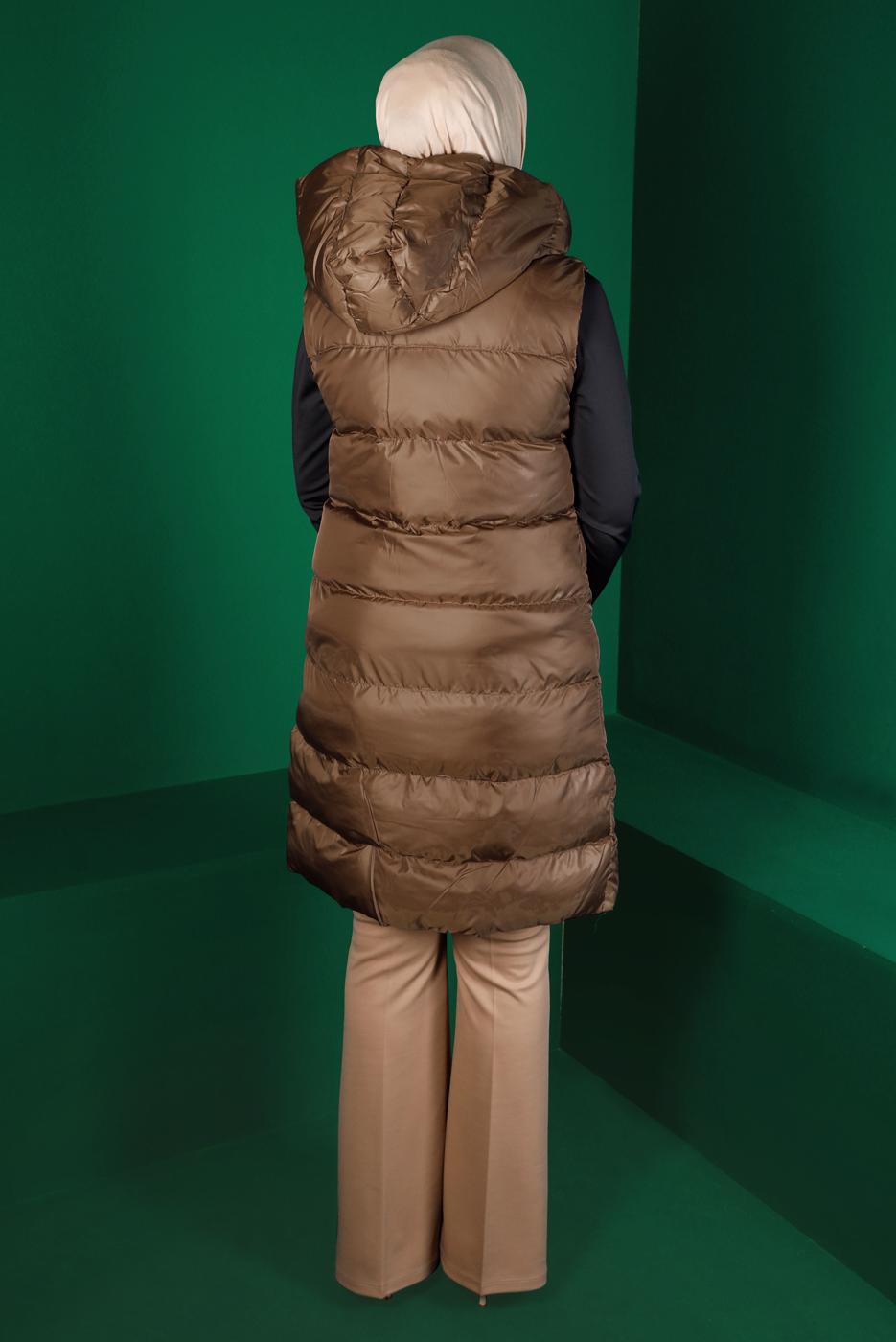 Tesettür giyim TABA ÇITÇITLI KAPÜŞONLU ŞİŞME YELEK 7070