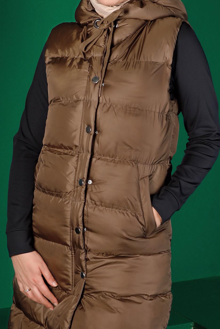 Tesettür giyim TABA ÇITÇITLI KAPÜŞONLU ŞİŞME YELEK 7070