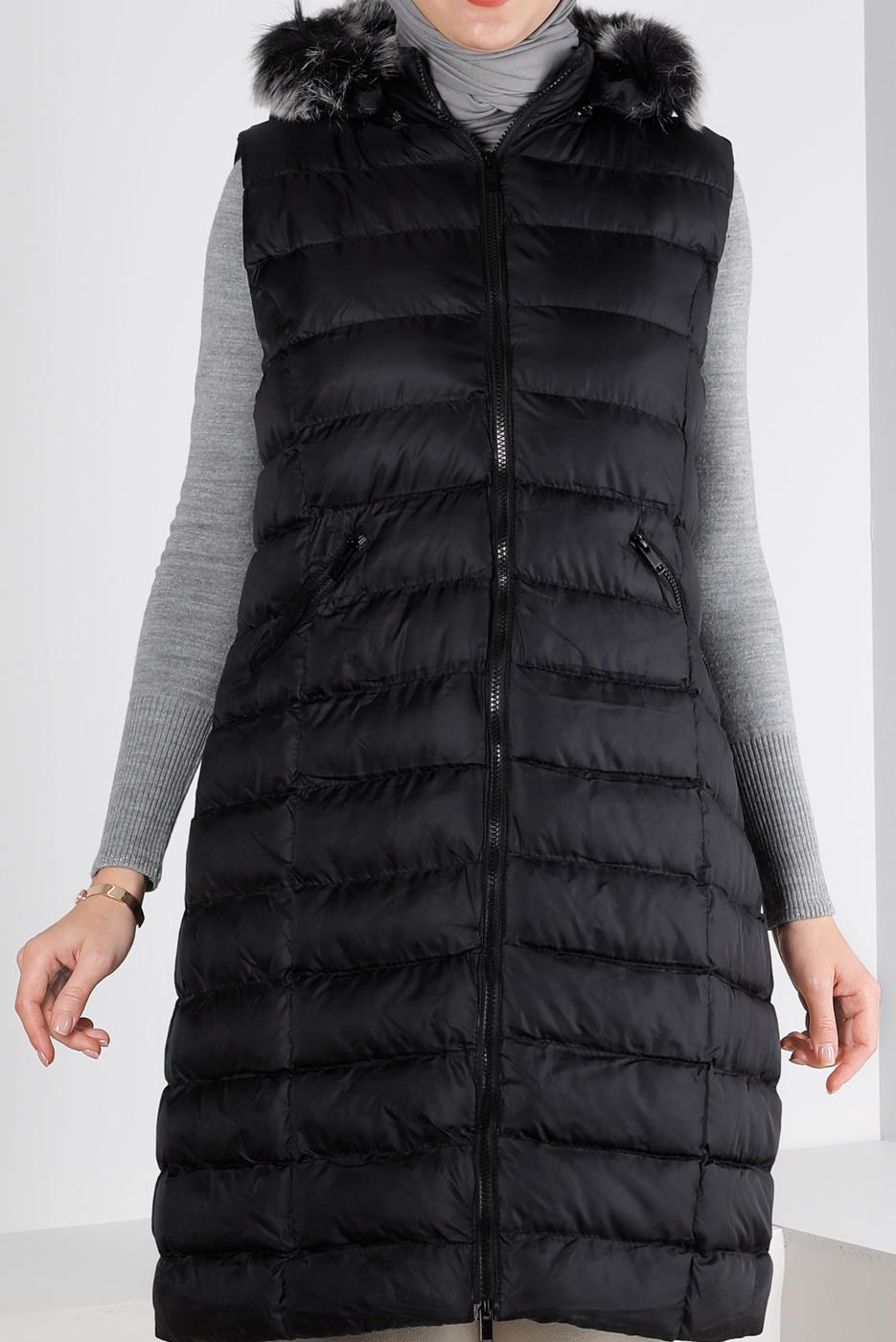 Tesettür giyim SİYAH FERMUARLI KAPÜŞONU KÜRKLÜ ŞİŞME YELEK 9001 