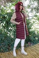 Tesettür giyim BORDO FERMUARLI KAPÜŞONU KÜRKLÜ ŞİŞME YELEK 9001 