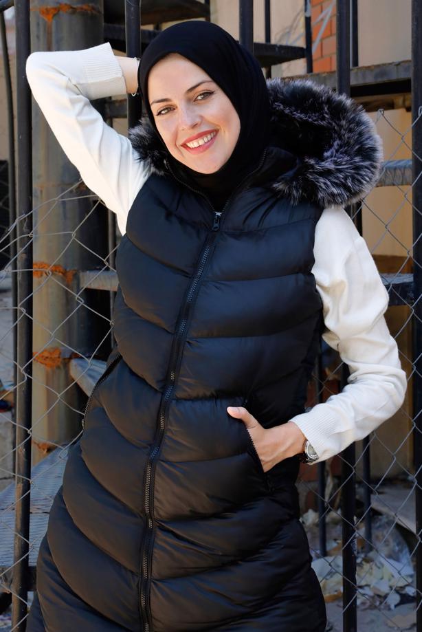 Tesettür giyim SİYAH FERMUARLI KAPÜŞONLU ŞİŞME YELEK 9051	 - TRENDTESETTÜR