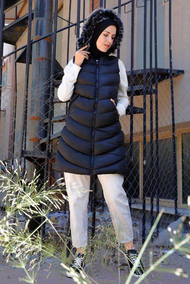 Tesettür giyim SİYAH FERMUARLI KAPÜŞONLU ŞİŞME YELEK 9051	 - TRENDTESETTÜR