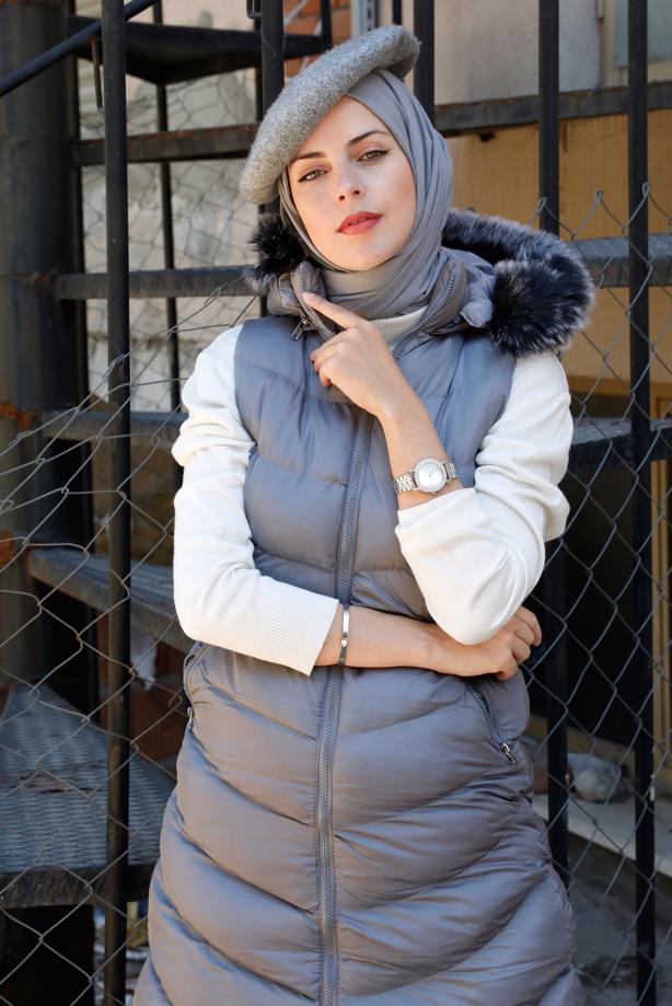 Tesettür giyim GRİ FERMUARLI KAPÜŞONLU ŞİŞME YELEK 9051	 - TRENDTESETTÜR