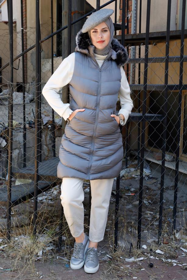 Tesettür giyim GRİ FERMUARLI KAPÜŞONLU ŞİŞME YELEK 9051	 - TRENDTESETTÜR