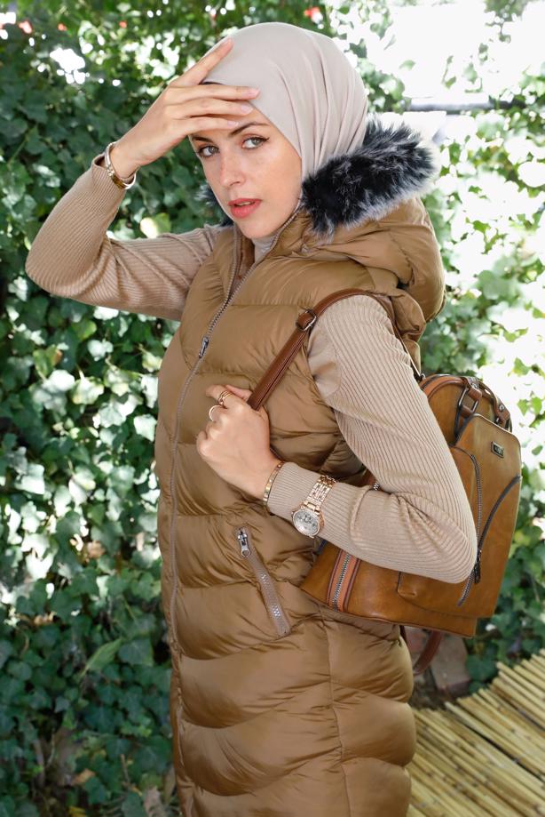 Tesettür giyim TABA FERMUARLI KAPÜŞONLU ŞİŞME YELEK 9051	 - TRENDTESETTÜR