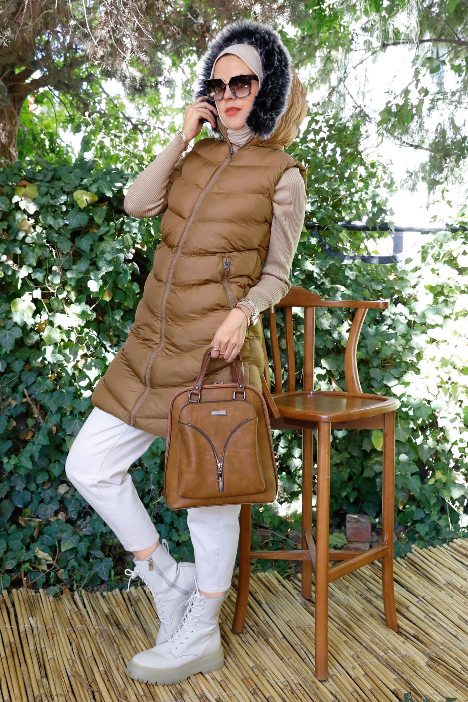 Tesettür giyim TABA FERMUARLI KAPÜŞONLU ŞİŞME YELEK 9051	