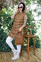 Tesettür giyim TABA FERMUARLI KAPÜŞONLU ŞİŞME YELEK 9051	