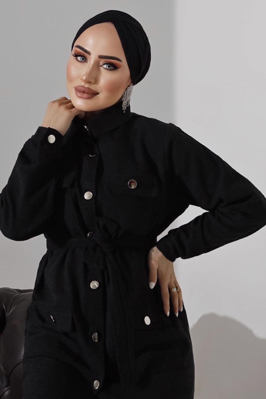 Tesettür giyim SİYAH KUŞAKLI DÜĞMELİ PANTOLONLU TAKIM 1782 
