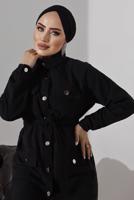 Tesettür giyim SİYAH KUŞAKLI DÜĞMELİ PANTOLONLU TAKIM 1782 