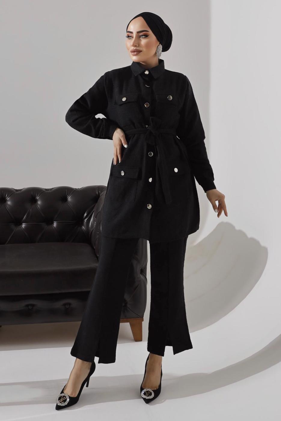 Tesettür giyim SİYAH KUŞAKLI DÜĞMELİ PANTOLONLU TAKIM 1782 