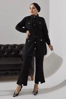 Tesettür giyim SİYAH KUŞAKLI DÜĞMELİ PANTOLONLU TAKIM 1782 