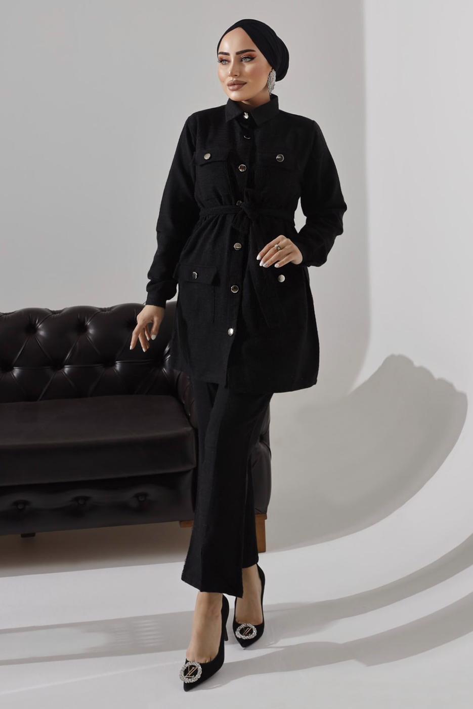 Tesettür giyim SİYAH KUŞAKLI DÜĞMELİ PANTOLONLU TAKIM 1782 