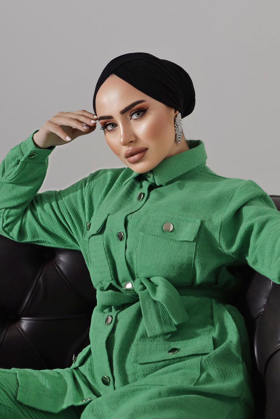 Tesettür giyim YEŞİL KUŞAKLI DÜĞMELİ PANTOLONLU TAKIM 1782 