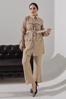 Tesettür giyim BEJ KUŞAKLI DÜĞMELİ PANTOLONLU TAKIM 1782 
