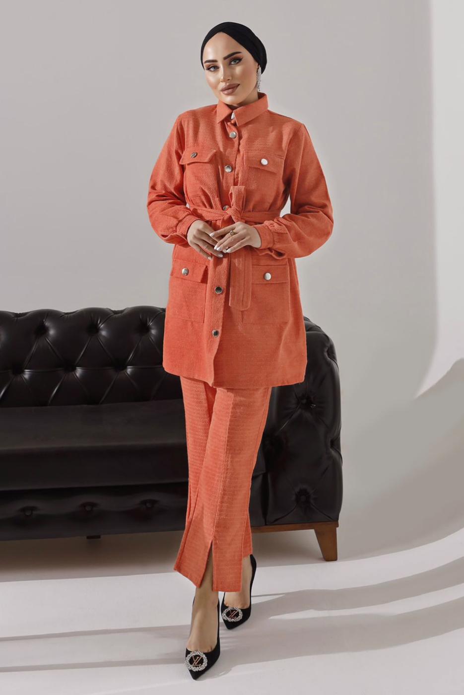 Tesettür giyim TURUNCU KUŞAKLI DÜĞMELİ PANTOLONLU TAKIM 1782 