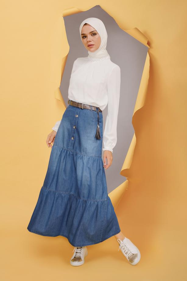 Tesettür giyim LACİVERT ALVİNA CEP DETAYLI DENİM ETEK 60170	 - TRENDTESETTÜR