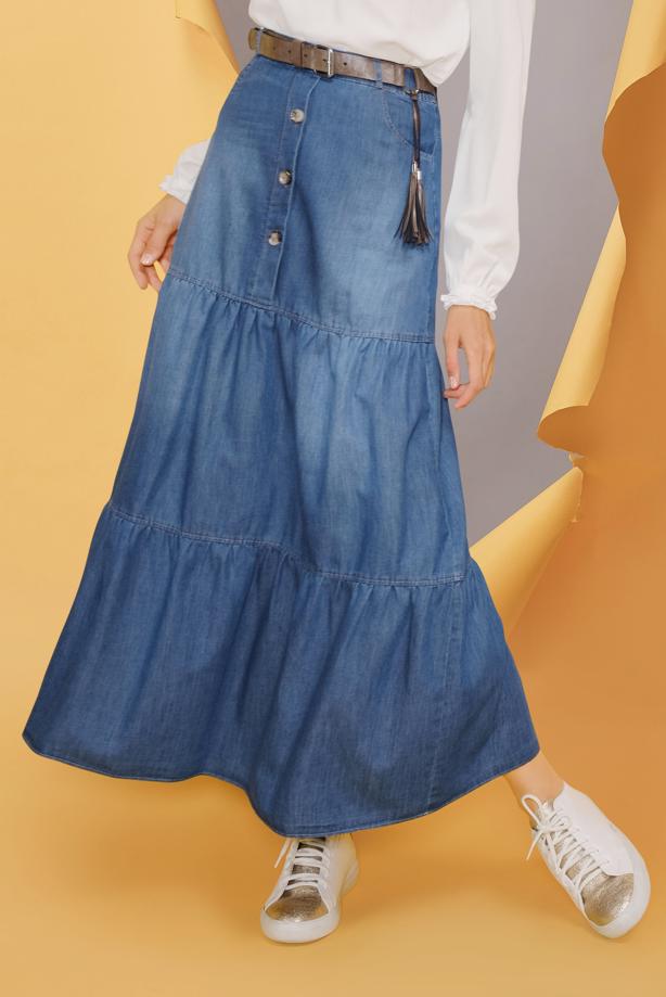 Tesettür giyim LACİVERT ALVİNA CEP DETAYLI DENİM ETEK 60170	 - TRENDTESETTÜR