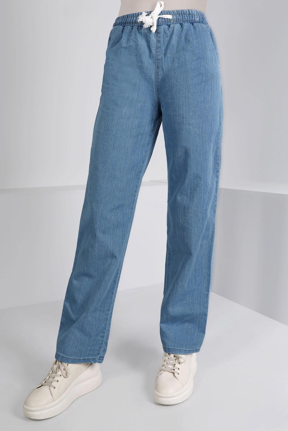 Tesettür giyim MAVİ BELİ LASTİKLİ DÜZ PAÇA DENİM PANTOLON T 2315