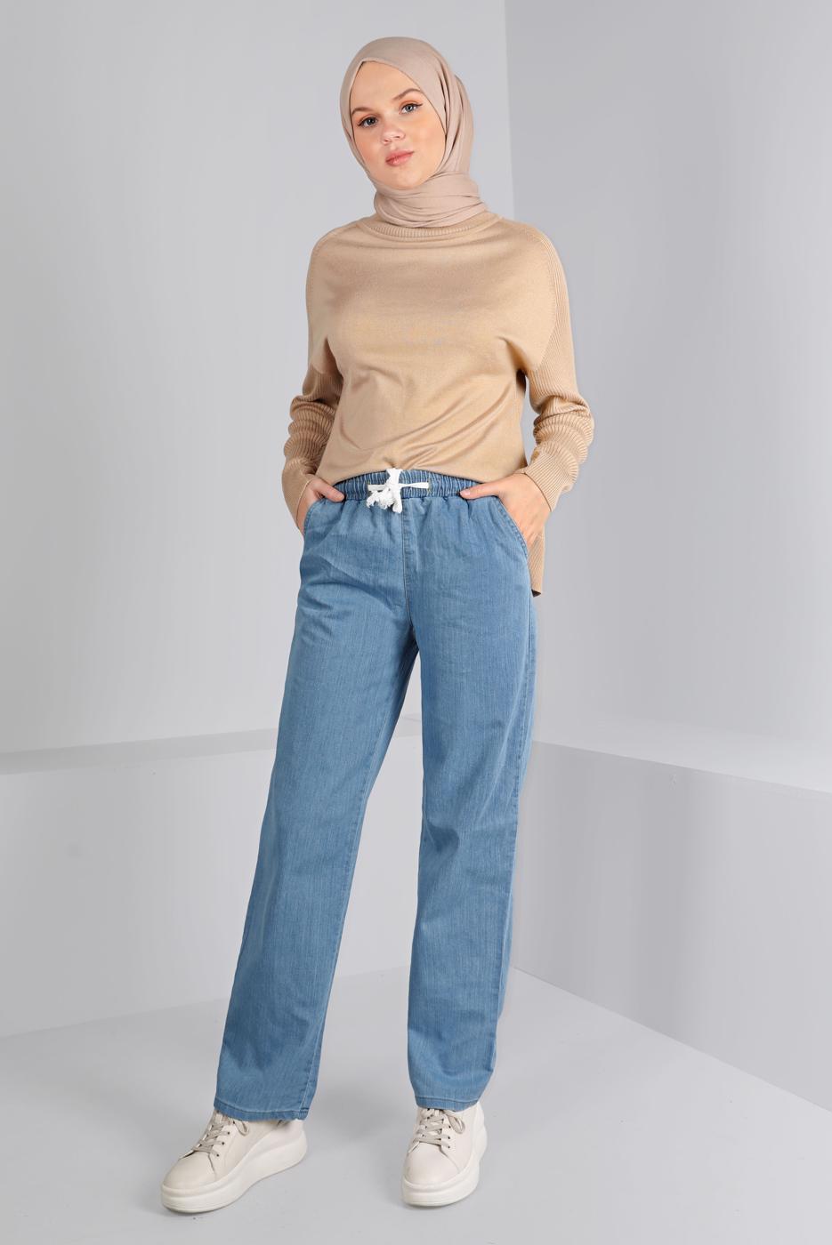 Tesettür giyim MAVİ BELİ LASTİKLİ DÜZ PAÇA DENİM PANTOLON T 2315
