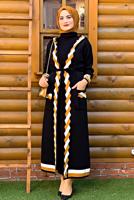 Tesettür giyim SİYAH KAPÜŞONLU KUŞAKLI TRİKO HIRKA 71102 