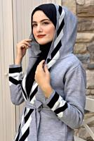 Tesettür giyim GRİ KAPÜŞONLU KUŞAKLI TRİKO HIRKA 71102 