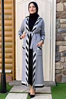 Tesettür giyim GRİ KAPÜŞONLU KUŞAKLI TRİKO HIRKA 71102 