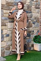 Tesettür giyim TABA KAPÜŞONLU KUŞAKLI TRİKO HIRKA 71102 