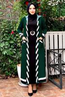 Tesettür giyim YEŞİL KAPÜŞONLU KUŞAKLI TRİKO HIRKA 71102 