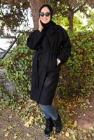 Tesettür giyim SİYAH KUŞAKLI DÜĞMELİ KAŞE KABAN 9911 