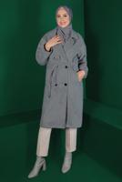 Tesettür giyim GRİ KUŞAKLI DÜĞMELİ KAŞE KABAN 9911 