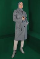 Tesettür giyim GRİ KUŞAKLI DÜĞMELİ KAŞE KABAN 9911 