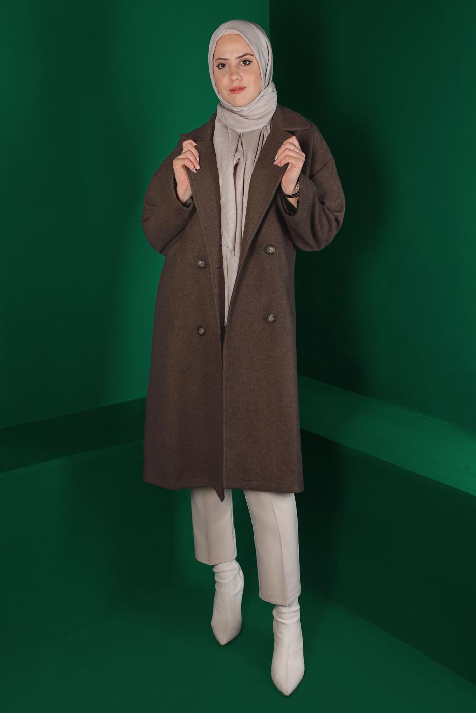 Tesettür giyim KAHVE KUŞAKLI DÜĞMELİ KAŞE KABAN 9911 