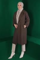 Tesettür giyim KAHVE KUŞAKLI DÜĞMELİ KAŞE KABAN 9911 
