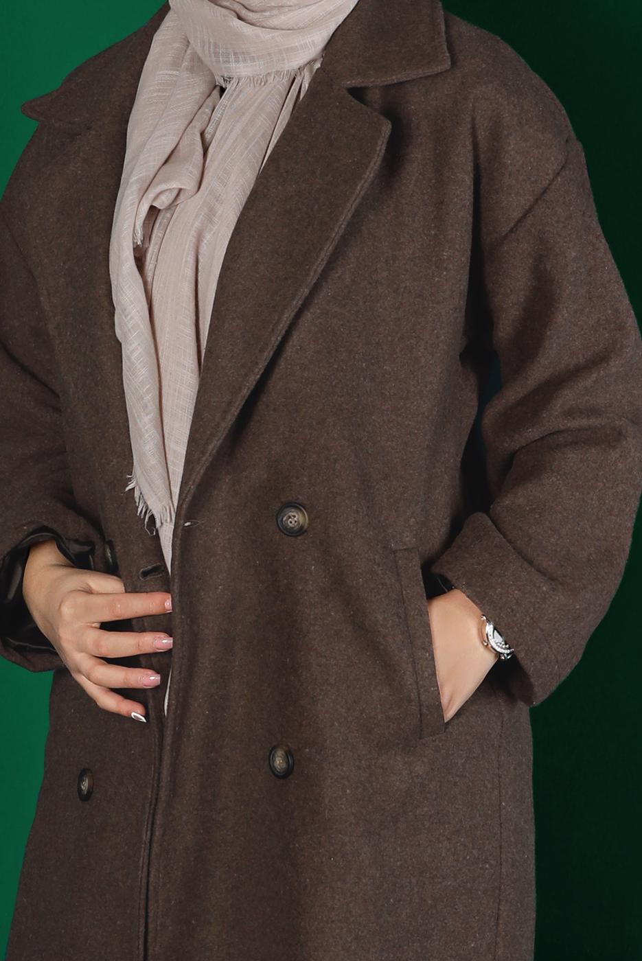Tesettür giyim KAHVE KUŞAKLI DÜĞMELİ KAŞE KABAN 9911 