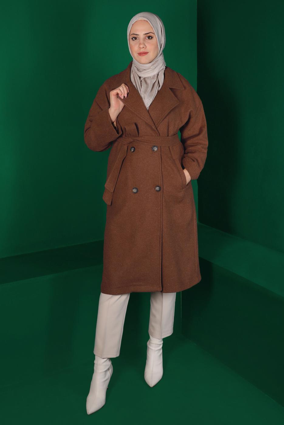 Tesettür giyim TABA KUŞAKLI DÜĞMELİ KAŞE KABAN 9911 