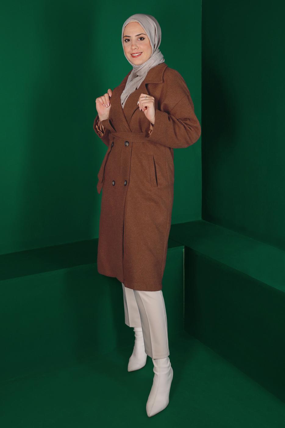 Tesettür giyim TABA KUŞAKLI DÜĞMELİ KAŞE KABAN 9911 