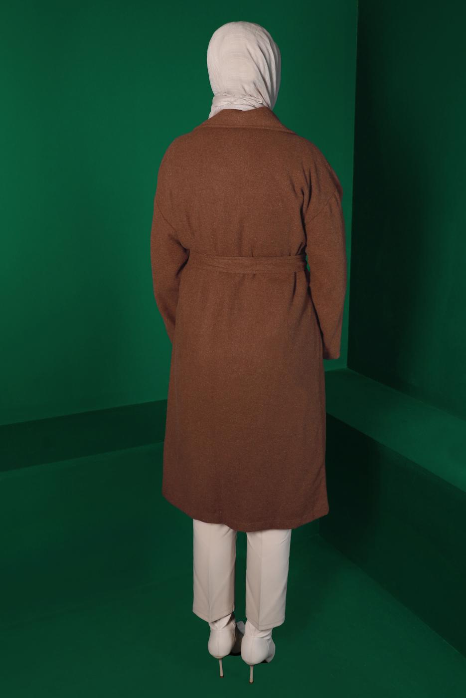 Tesettür giyim TABA KUŞAKLI DÜĞMELİ KAŞE KABAN 9911 