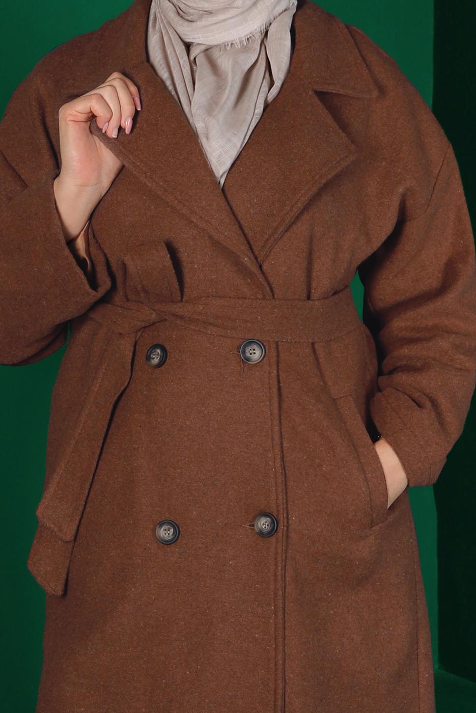 Tesettür giyim TABA KUŞAKLI DÜĞMELİ KAŞE KABAN 9911 