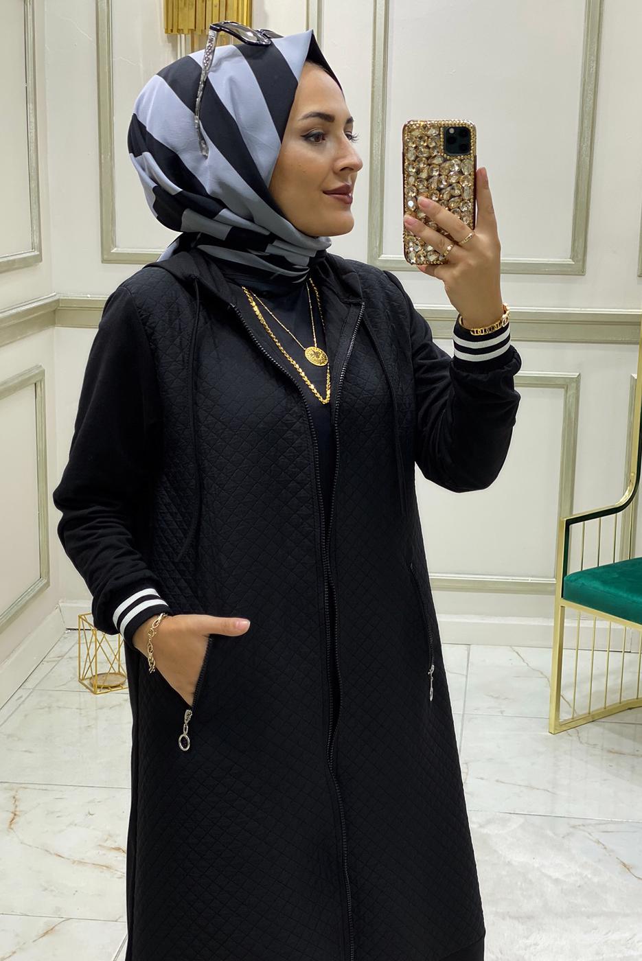 Tesettür giyim SİYAH KAPÜŞONLU FERMUARLI PANTOLONLU TAKIM T 33201