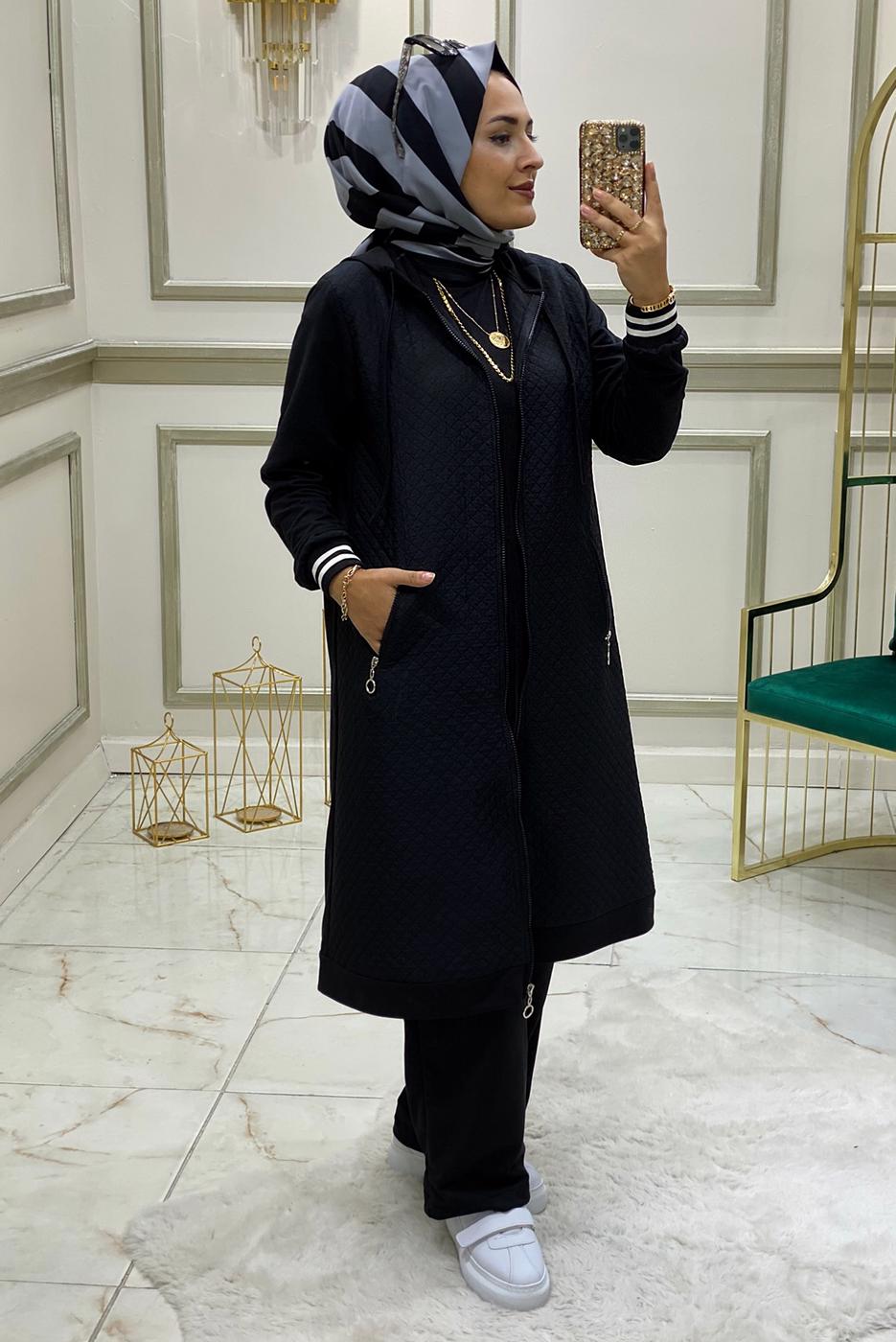 Tesettür giyim SİYAH KAPÜŞONLU FERMUARLI PANTOLONLU TAKIM T 33201