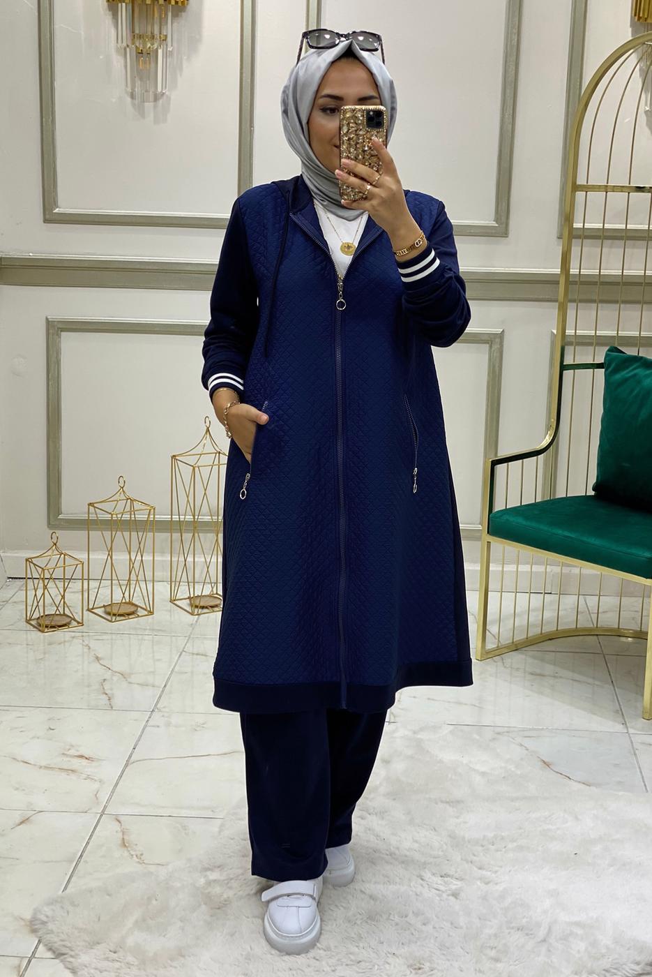 Tesettür giyim LACİVERT KAPÜŞONLU FERMUARLI PANTOLONLU TAKIM T 33201