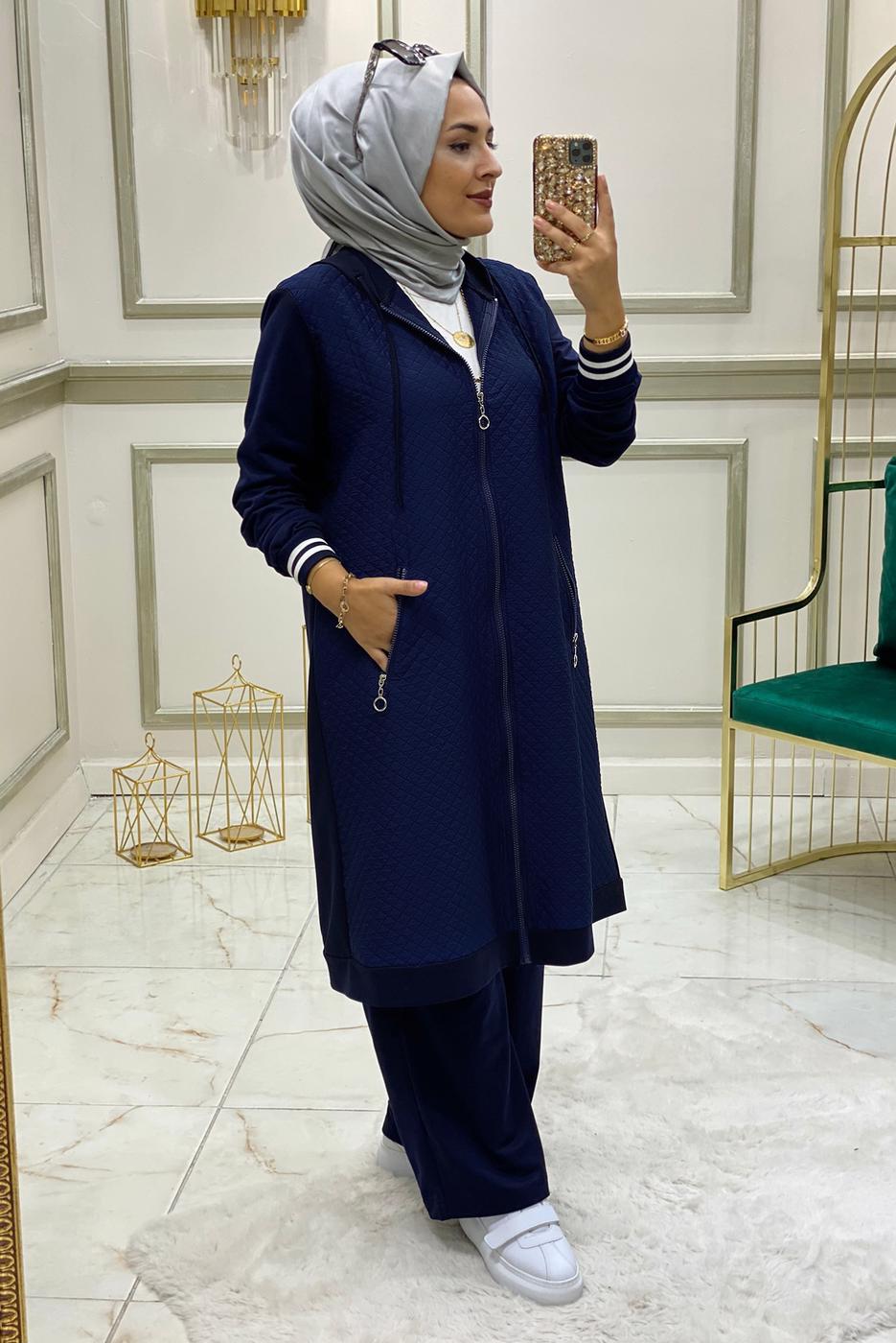 Tesettür giyim LACİVERT KAPÜŞONLU FERMUARLI PANTOLONLU TAKIM T 33201
